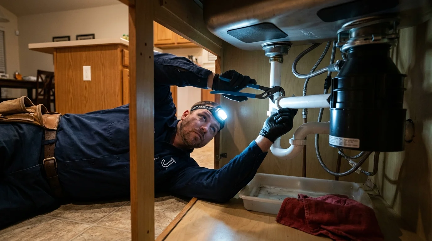 P-trap and supply line connections under a kitchen sink showing a common leak point in Sumter, SC